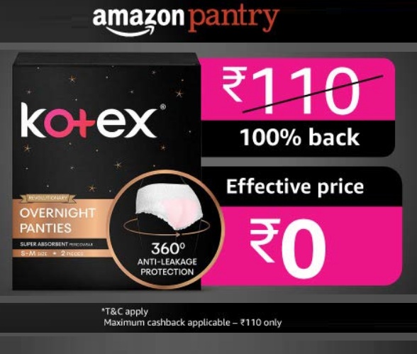 India Desire : Get 100% Cashback On Kotex Overnight Panties -Periodwear for Sanitary Protection (2 count) From Amazon [Pantry Charge Only]